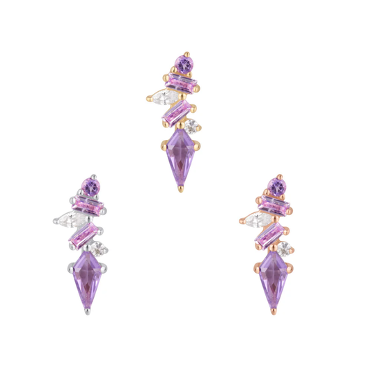 Mixt threadless end featuring amethyst and pink sapphire in solid gold – statement piercing jewellery for a luxe and colourful ear curation.