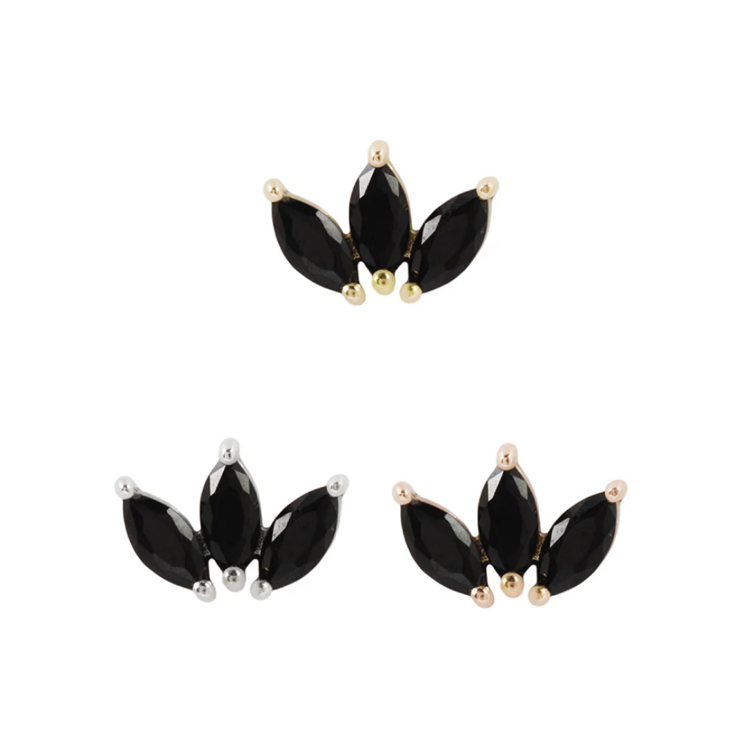 Moet threadless end in gold with black spinel marquise-cut stones – elegant and edgy luxury body jewellery for curated ear styling.
