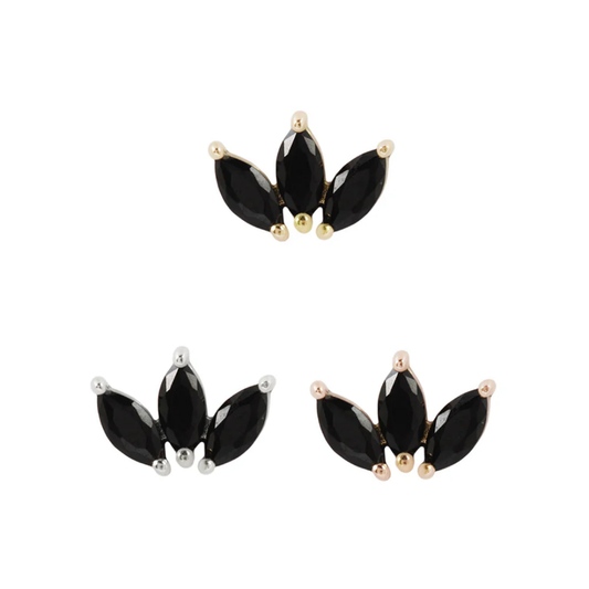 Moet threadless end in gold with black spinel marquise-cut stones – elegant and edgy luxury body jewellery for curated ear styling.