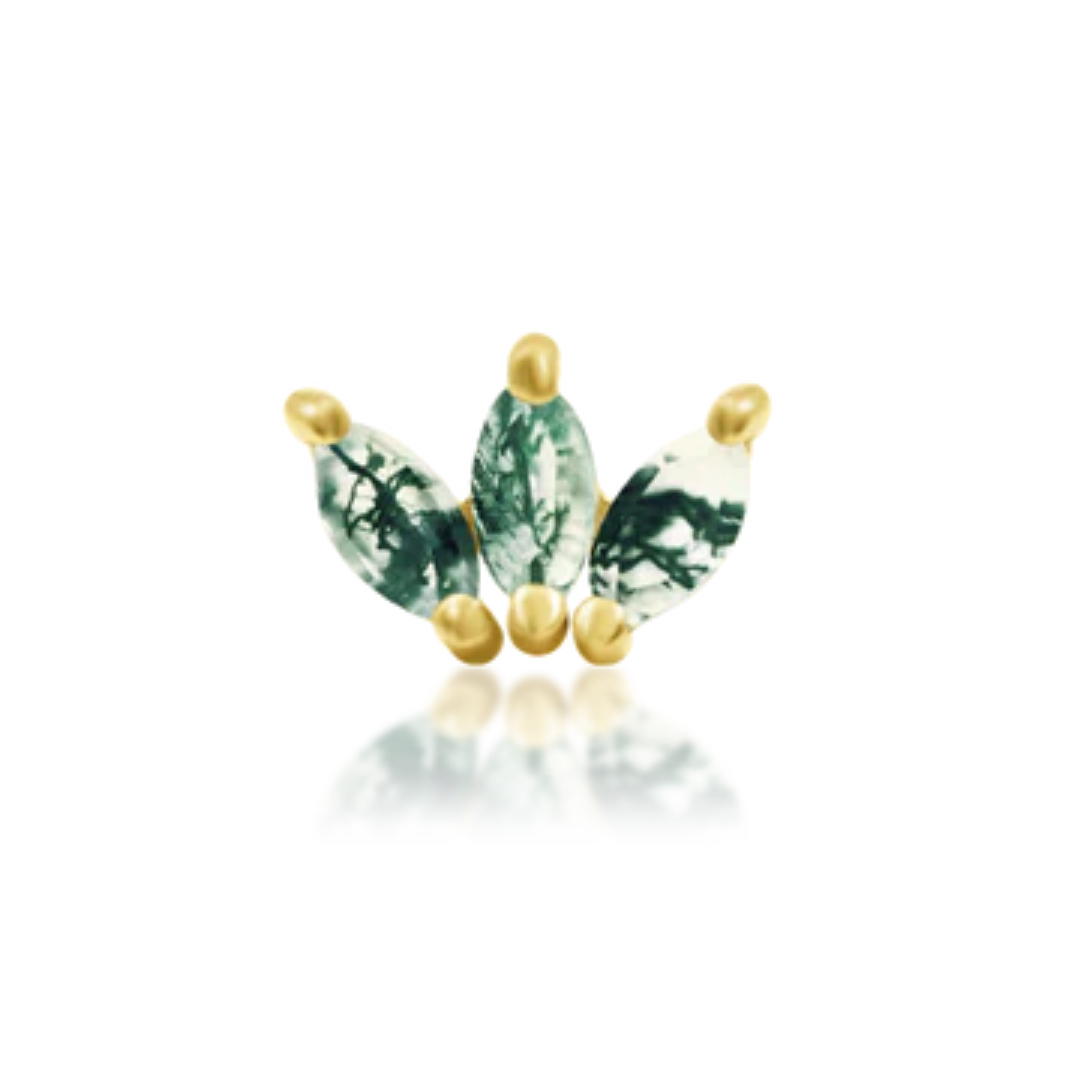 14k gold fan-shaped piercing end with three marquise moss agate stones