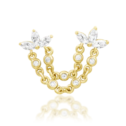14k gold double piercing chain with marquise CZ clusters and bezel-set CZ links