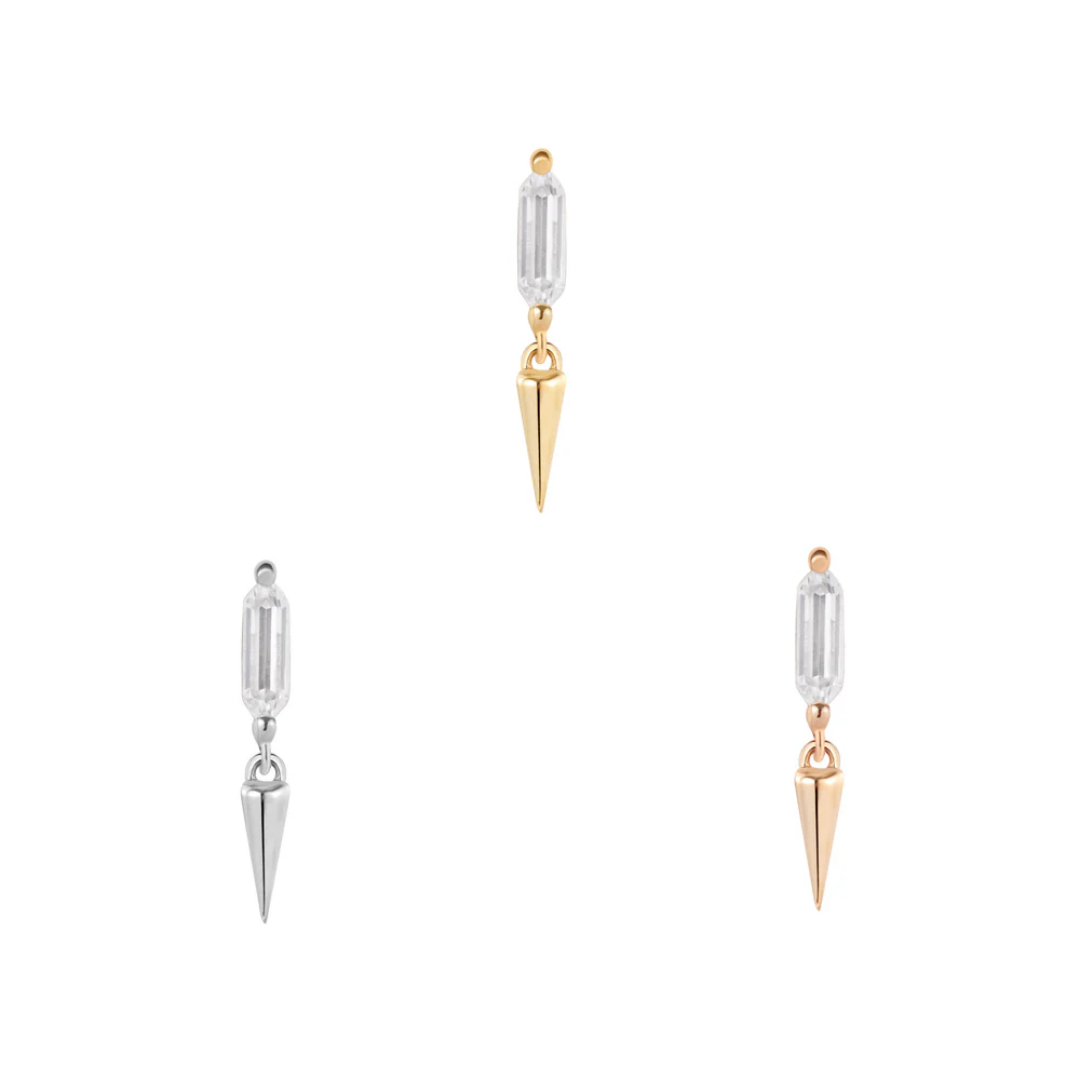 Baguette CZ threadless end with gold spike dangle – minimalist luxury design for edgy ear curation and high-end cartilage piercings.