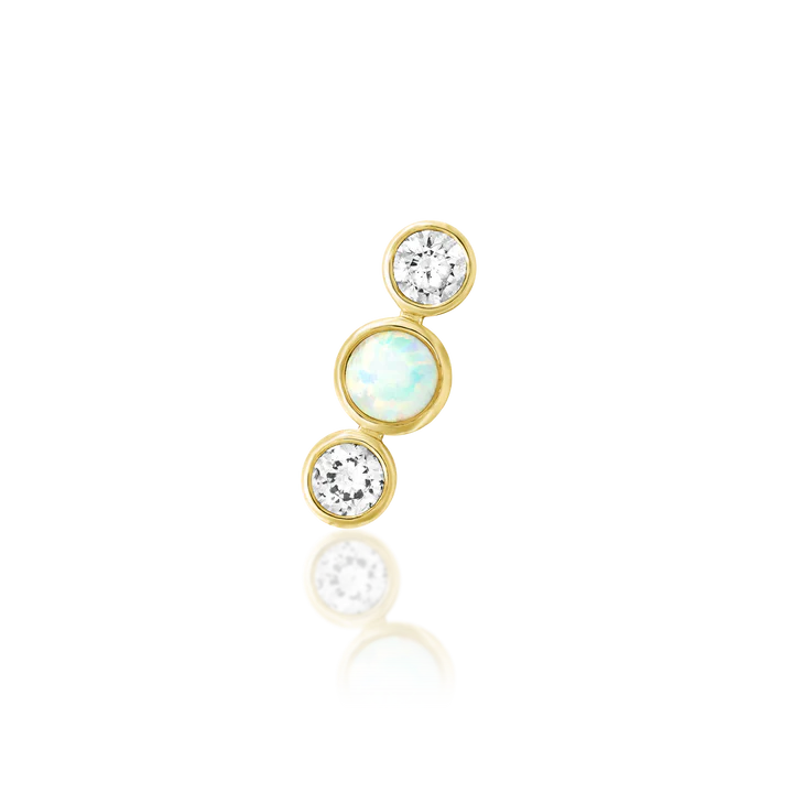 Nani 14k gold three stone threadless end with round opal centre and clear stones above and below
