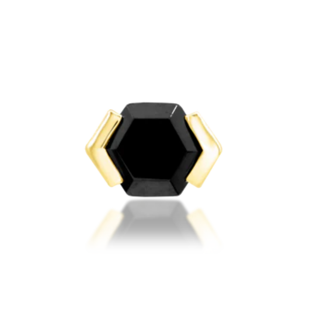 14k gold piercing end with hexagon-cut black CZ and angular gold prongs
