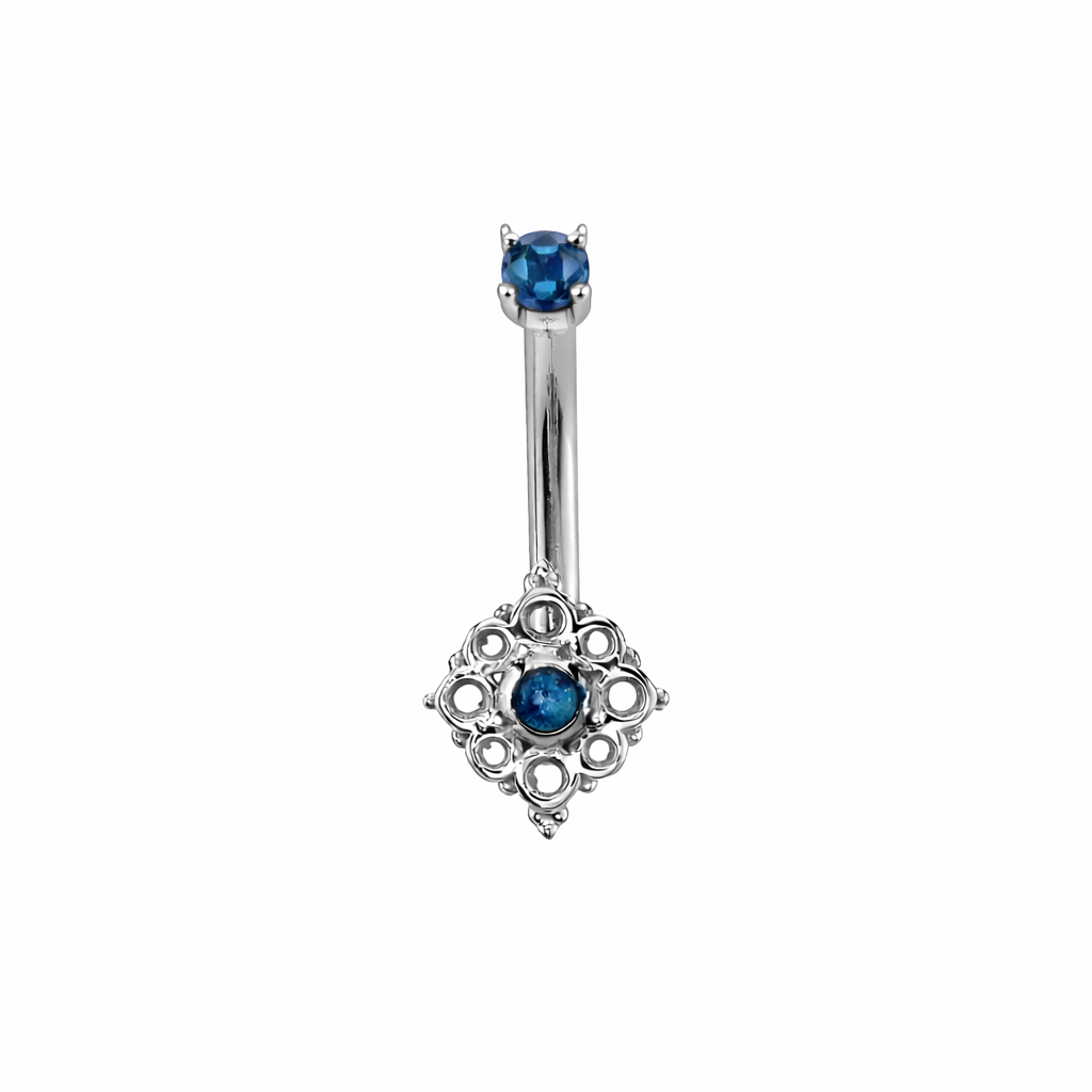 14k white gold navel barbell with london blue topaz angela cluster and 3mm prong top