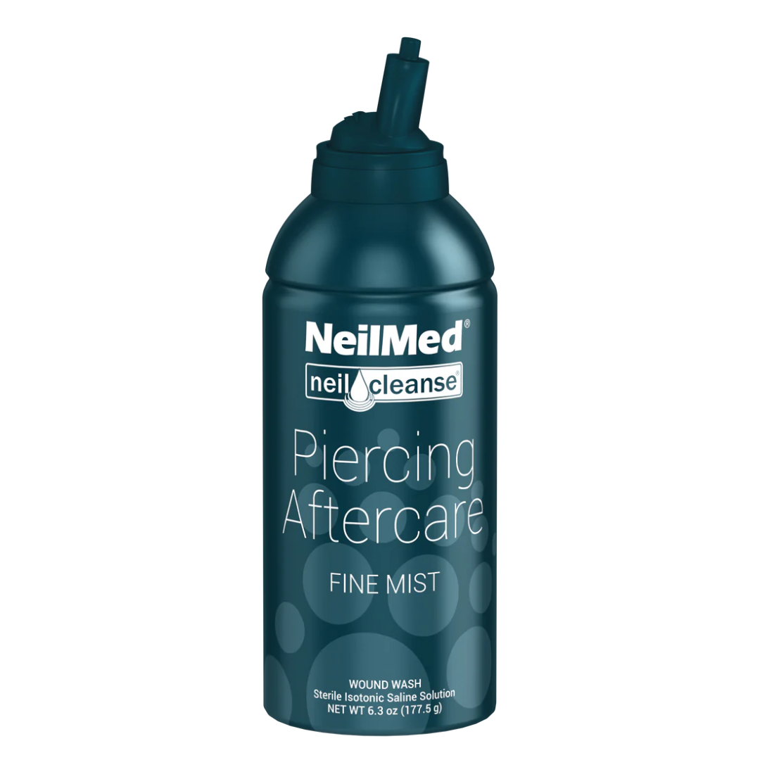NeilMed piercing aftercare spray canister with fine mist applicator, sterile saline solution for wound cleansing