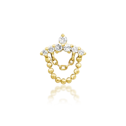 14k gold piercing end with white diamonds, beaded halo, and gold chain detail