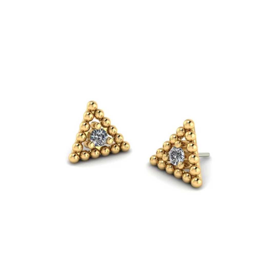 gold norvoch beaded triangle piercing ends with a single centre stone in a polished beaded frame