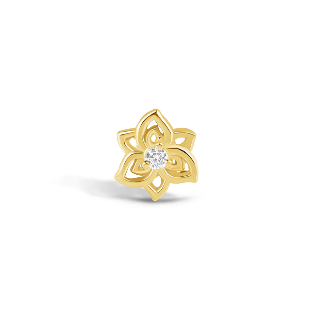 gold norvoch belleflower piercing end with openwork petals and a single centre cz stone