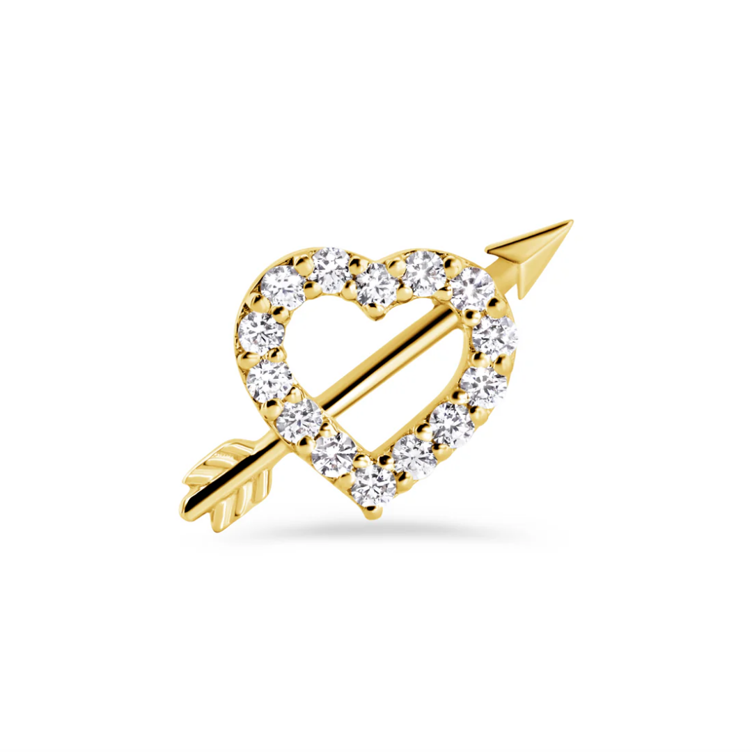 gold norvoch cupid’s arrow piercing end with a cz set open heart and polished arrow detail