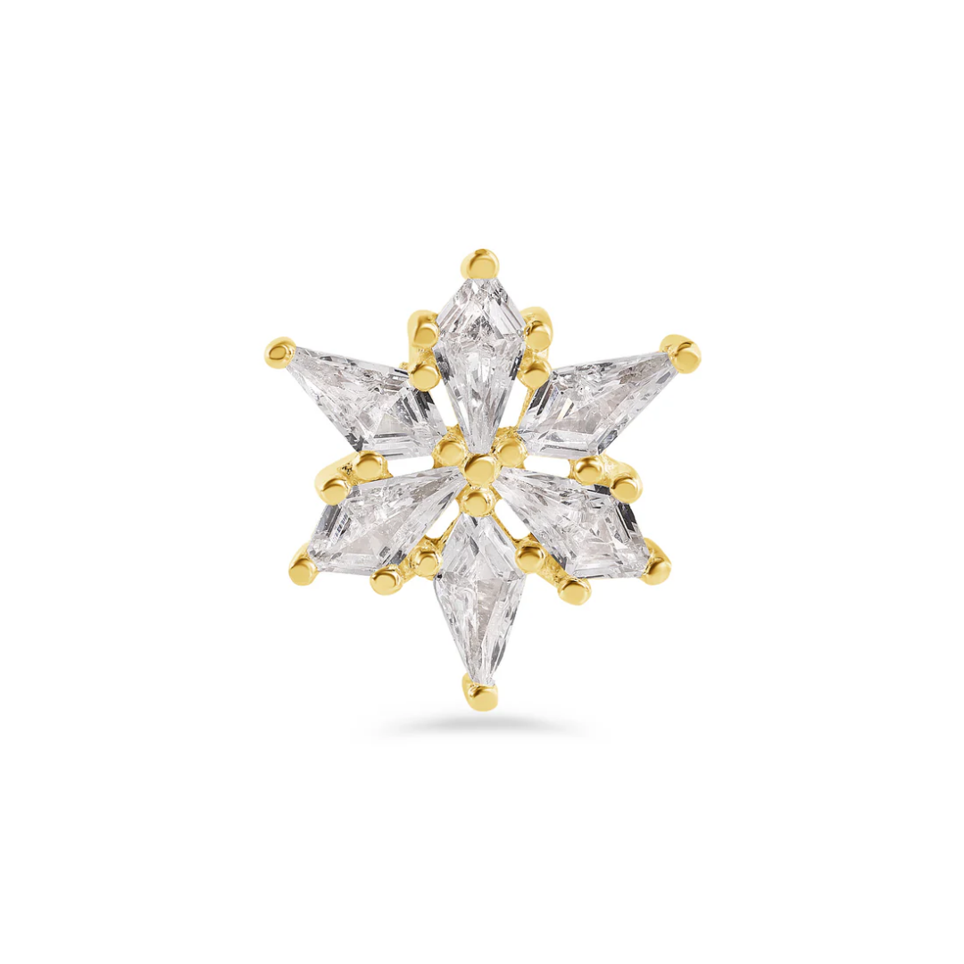gold norvoch dahlia piercing end with eight tapered cz stones arranged in a floral star shape