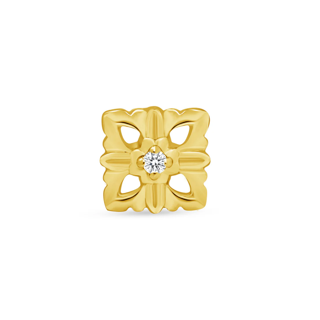 gold norvoch dora piercing end with openwork floral square design and central cz stone