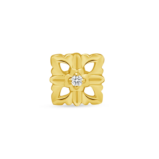 gold norvoch dora piercing end with openwork floral square design and central cz stone