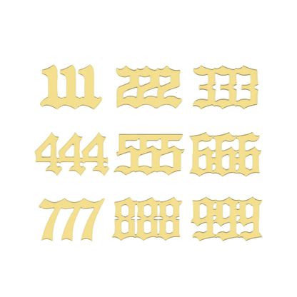 Close-up of Norvoch gold angel number piercing ends featuring gothic-style double digits from 111 to 999, crafted in polished yellow gold