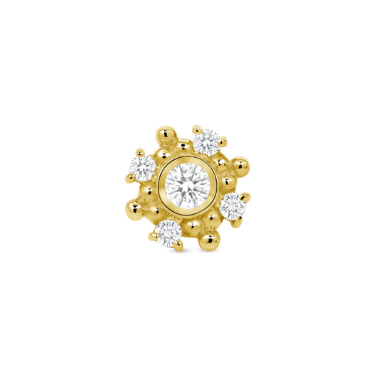 Norvoch gold piercing end featuring a central cubic zirconia surrounded by smaller accent stones and intricate beaded detailing