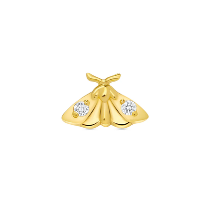 Close-up of a Norvoch gold atlas moth piercing end with smooth sculpted wings and two round cubic zirconia accents set in polished yellow gold
