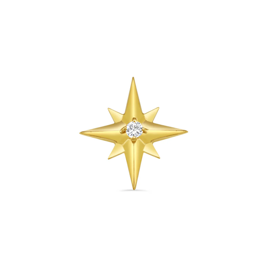 Close-up of a Norvoch gold star-shaped piercing end with eight sharp points and a central round cubic zirconia gemstone set in polished yellow gold