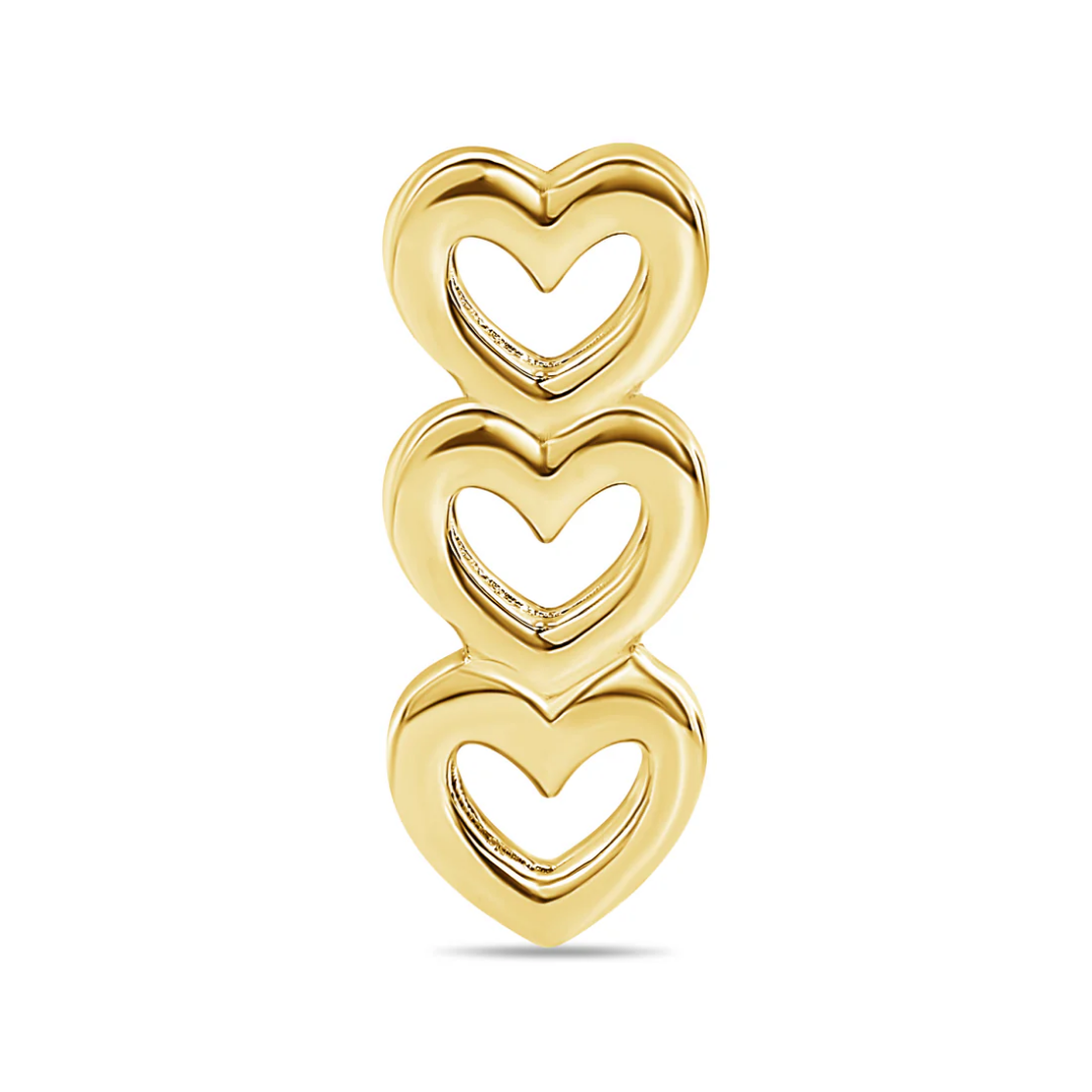 Close-up of a Norvoch gold piercing end featuring three open hearts stacked vertically with a high-polish finish and smooth sculpted edges