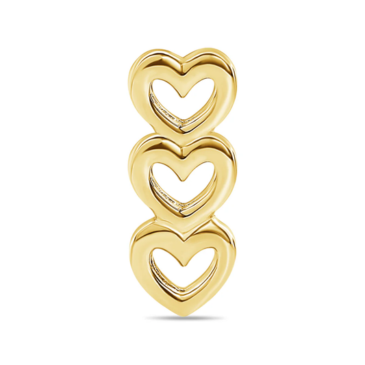 Close-up of a Norvoch gold piercing end featuring three open hearts stacked vertically with a high-polish finish and smooth sculpted edges