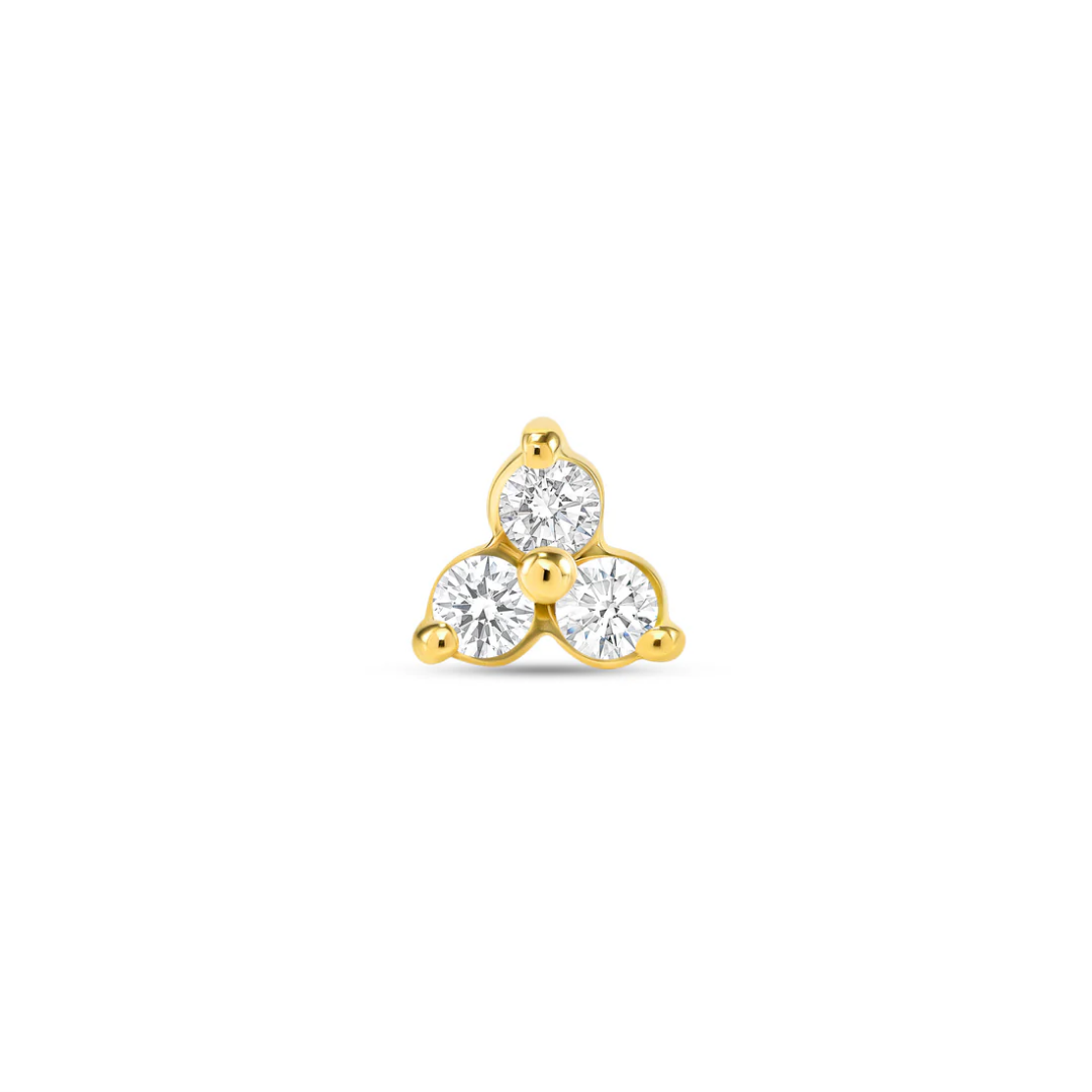 Norvoch gold cluster end featuring three round cubic zirconia stones in a triangular formation, set in polished yellow gold with fine detailing