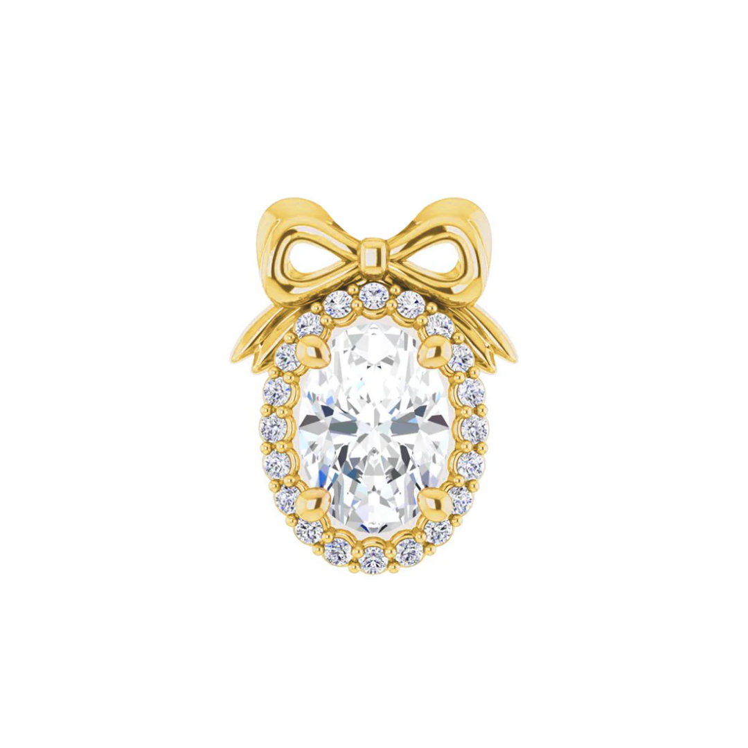 gold norvoch bow piercing end with oval centre cz and surrounding halo stones