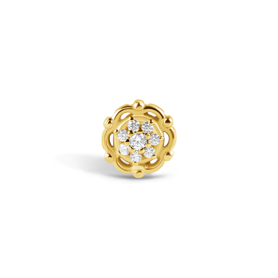 gold circular end with cz cluster in the centre