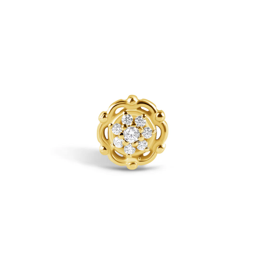 gold circular end with cz cluster in the centre