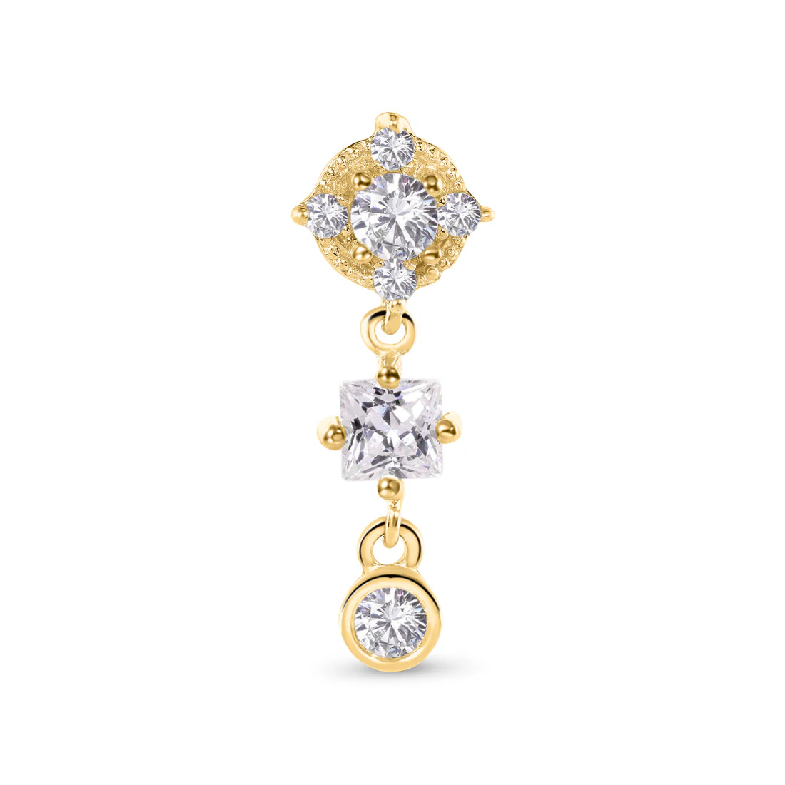 gold Norvoch mariette dangle piercing end with round and square cz stones in a vertical drop