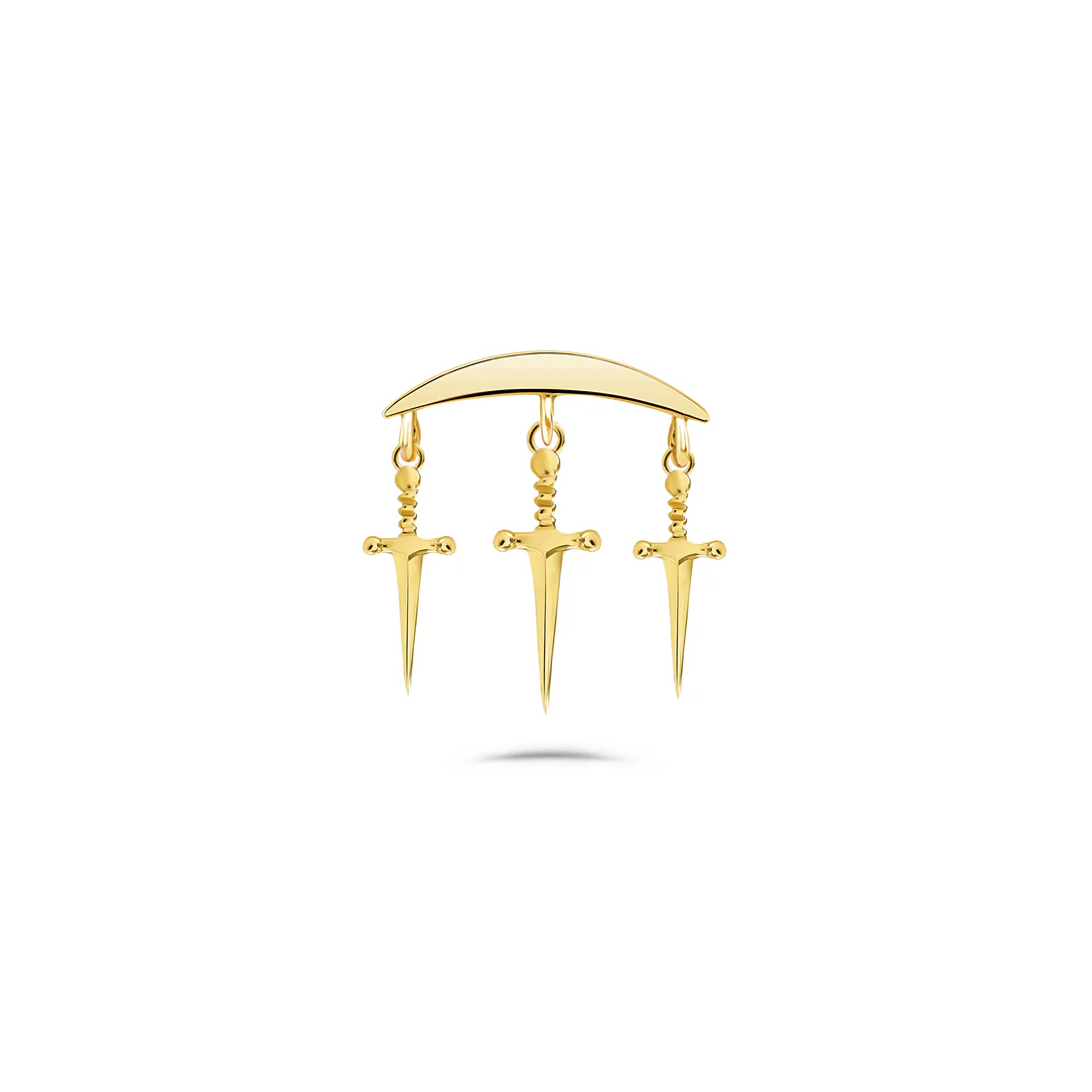 gold norvoch triple dagger dangle piercing end with three hanging dagger charms on a polished curved bar
