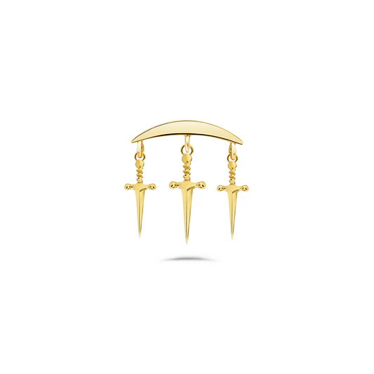 gold norvoch triple dagger dangle piercing end with three hanging dagger charms on a polished curved bar