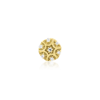 Nuala 14k gold circular piercing end with central clear stone and halo cluster detail
