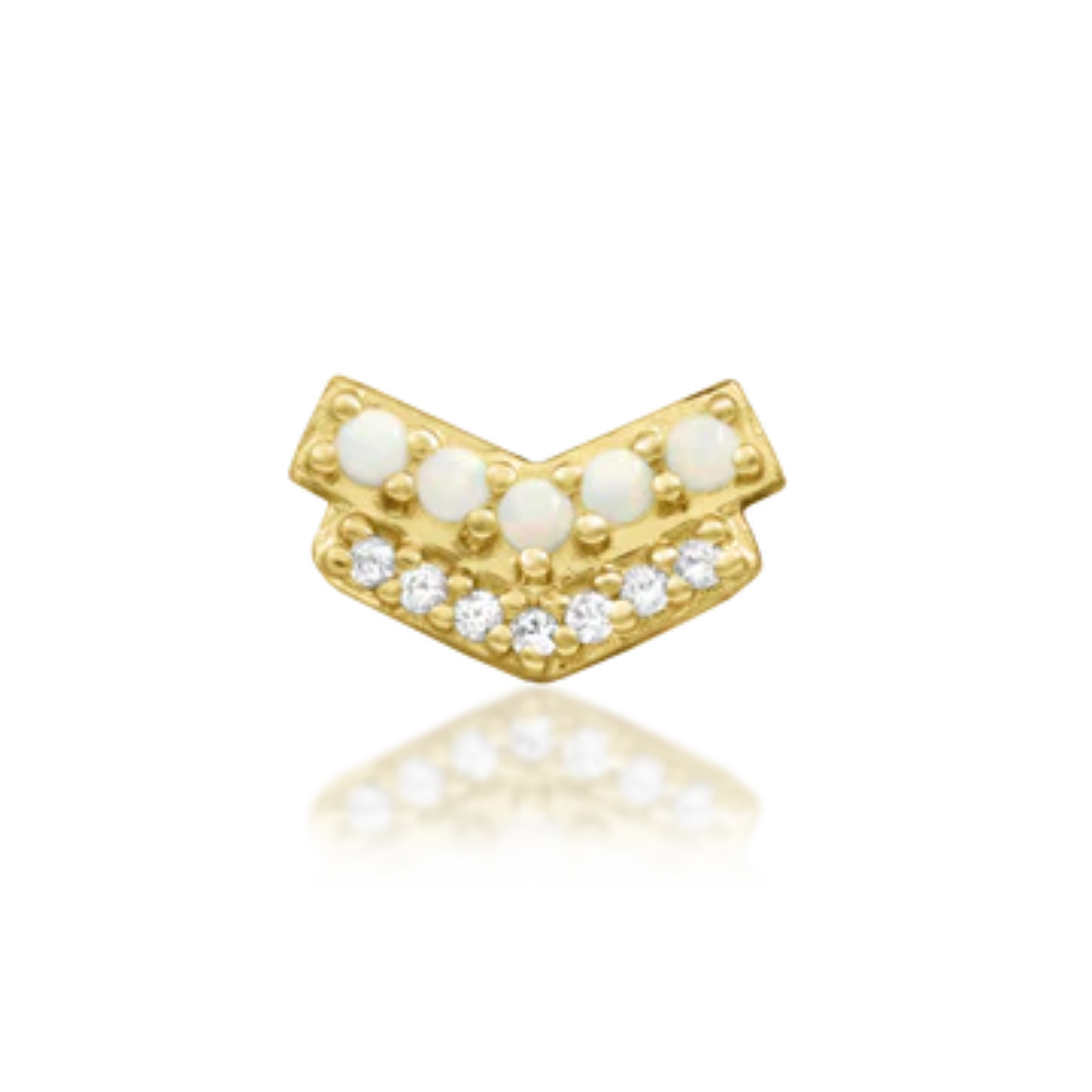 Very shiny 14k gold chevron body jewellery set with a row of luminous opals and sparkling round-cut clear cubic zirconia. Perfect for helix, conch, or flat piercings with a modern luxe vibe