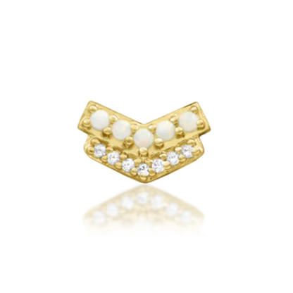 Very shiny 14k gold chevron body jewellery set with a row of luminous opals and sparkling round-cut clear cubic zirconia. Perfect for helix, conch, or flat piercings with a modern luxe vibe