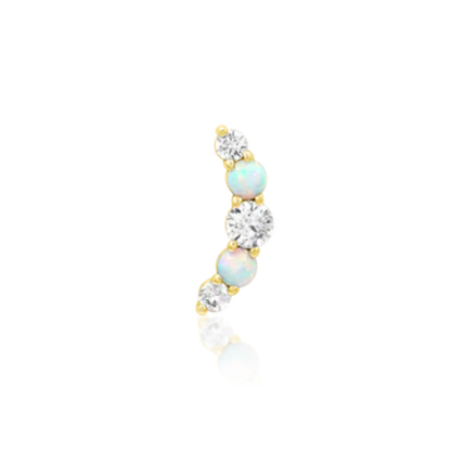 Very shiny 14k gold body jewellery featuring a gentle curve of alternating luminous opals and round-cut clear cubic zirconia stones. A graceful design ideal for helix, rook, or flat piercings
