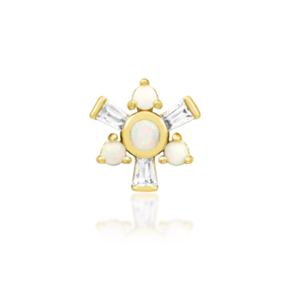 Very shiny 14k gold body jewellery featuring a central round opal surrounded by baguette-cut clear cubic zirconia and smaller opal accents. Perfect for helix, conch, or flat piercings
