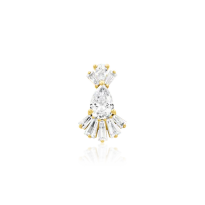 Paget 14k gold piercing end with pear cut clear stone and baguette fan detail

