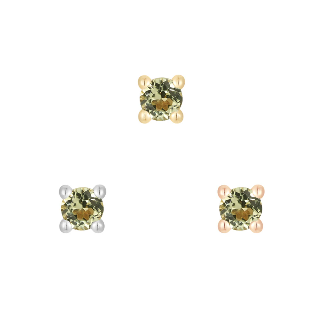 Round brilliant-cut peridot threadless end in a classic four-prong setting – luxury green gemstone piercing jewellery.