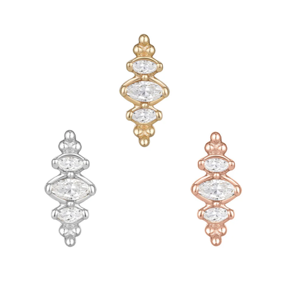 Marquise-cut CZ threadless end in gold, rose gold, and silver – elegant symmetry meets high-end body jewellery for a timeless, modern look