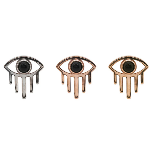 Amulet threadless ends in 14k yellow, rose, and white gold, each featuring a stylised open-eye design with a black obsidian centre stone and downward-pointing gold rays, displayed against a white background.