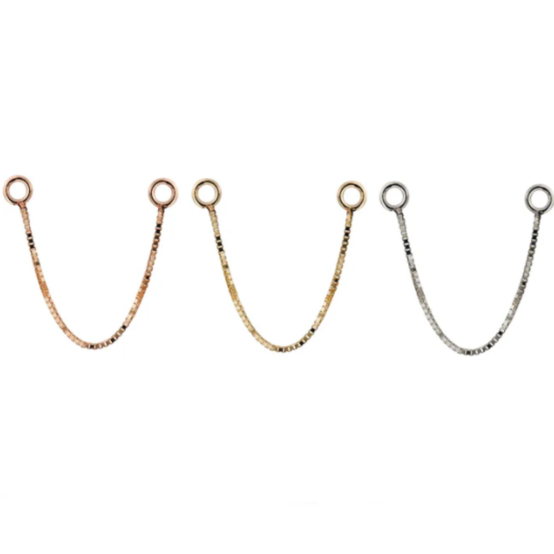 Three Quetzalli Box Chains in 14k yellow, rose, and white gold, each featuring a fine square-link design with a circular connector ring at each end, displayed on a white background.