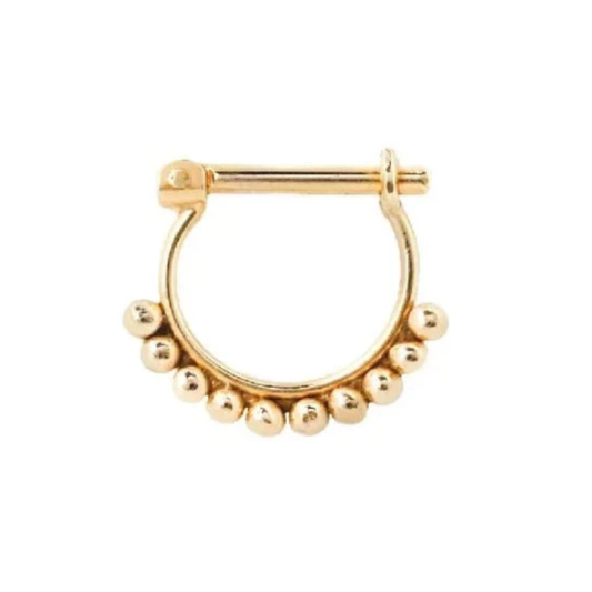 Quetzalli Koi 14k gold hoop earring featuring a circular design with a row of polished gold beads along the bottom edge, available in yellow, rose, and white gold, displayed against a white background.
