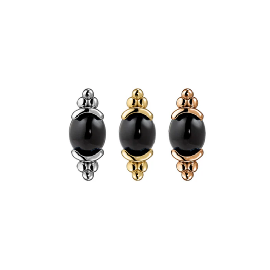 Three Quetzalli Sonet threadless ends featuring polished black obsidian cabochons set in 14k yellow, rose, and palladium white gold with beaded detailing, displayed on a white background.