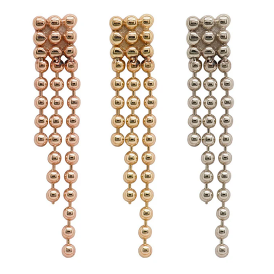 Three Quetzalli Triple Bella Kite chains in 14k yellow, rose, and white gold, each featuring three graduated strands of polished gold beads cascading from a beaded rectangular top, displayed against a white background.