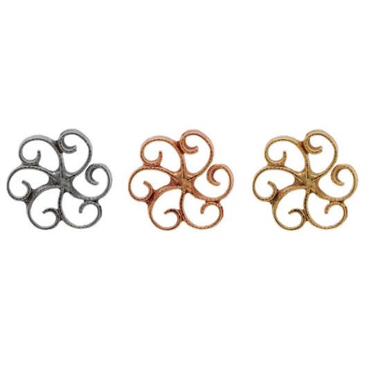 Three Quetzalli Trisha threadless ends in 14k yellow, rose, and white gold, each featuring an open scrollwork floral design with soft curves and a central star motif, displayed on a white background.