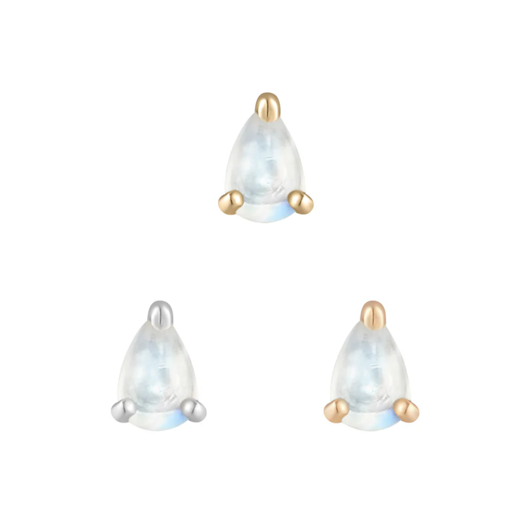 Pear-cut rainbow moonstone threadless end in 14k yellow, white, and rose gold, glowing with soft iridescence.