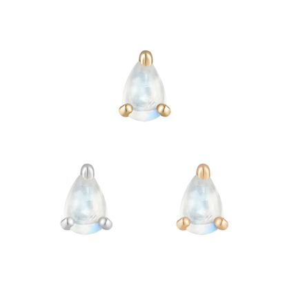 Pear-cut rainbow moonstone threadless end in 14k yellow, white, and rose gold, glowing with soft iridescence.