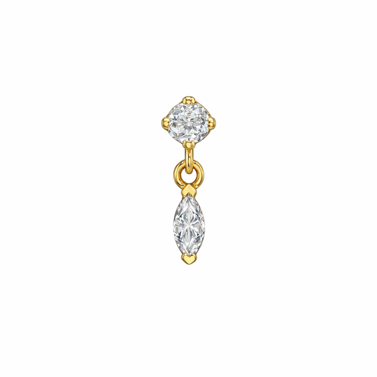 14k gold dangle end with round and marquise diamonds, luxury gold piercing jewellery with diamond drop, marquise diamond v prong charm for helix and lobe, high end solid gold piercing jewellery uk