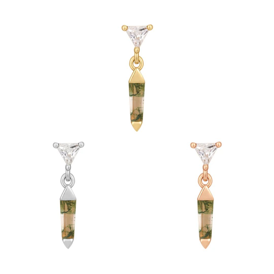 Threadless end with triangle CZ and dangling moss agate spike in yellow, white, and rose gold.