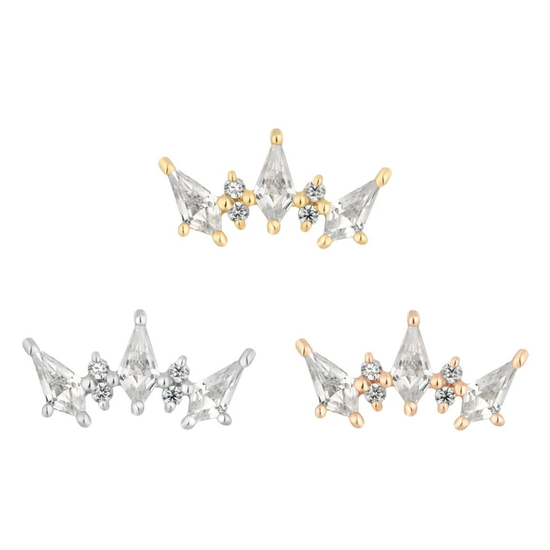 Crown-shaped threadless end with clear CZ in yellow, white, and rose gold settings.