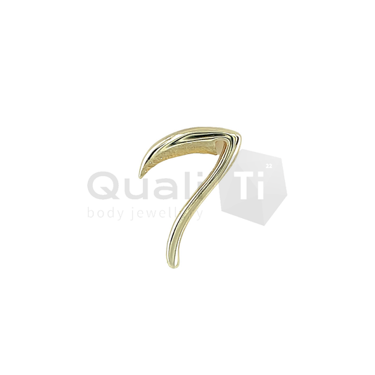 14k yellow gold threadless scythe-shaped body jewellery attachment with a curved, minimalist blade design, suitable for lobe, flat, and helix piercings.